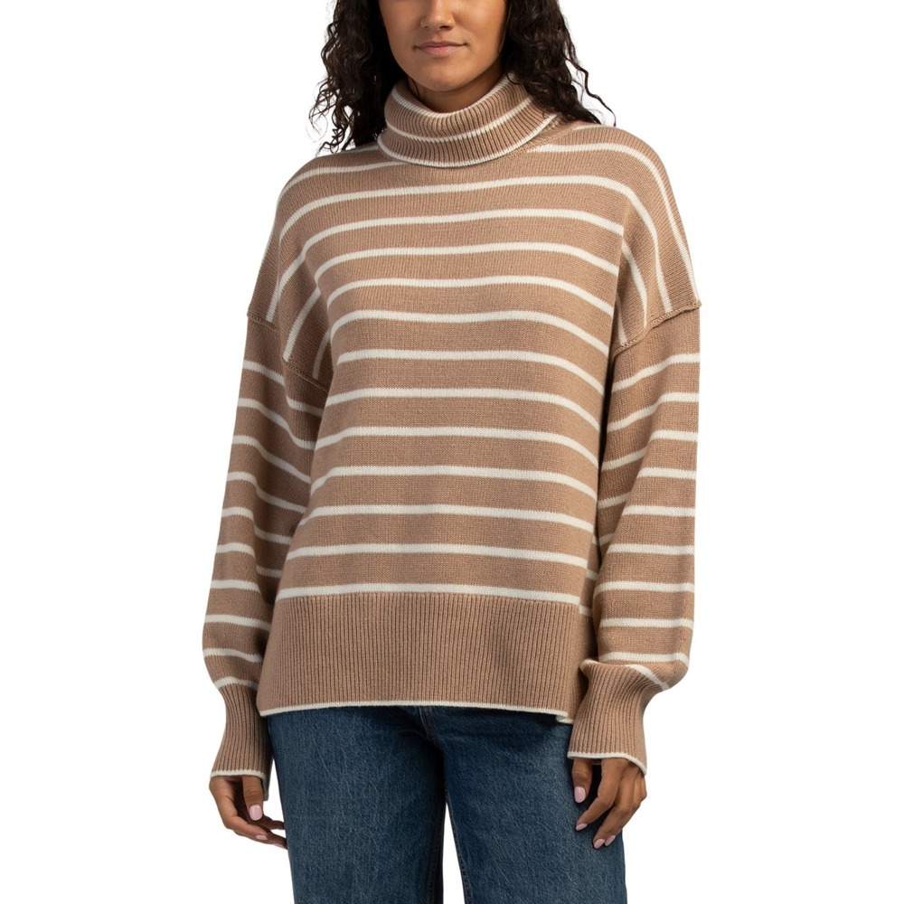 THEORY Merino Wool Chunky Slit Turtleneck Striped Sweater - palomino - Size P